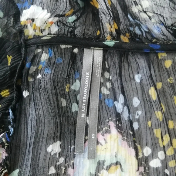 By Anthropologie Peasant Blouse Button Up Semi Sheer Pleated Top Neck Tassels XS - Picture 11 of 16